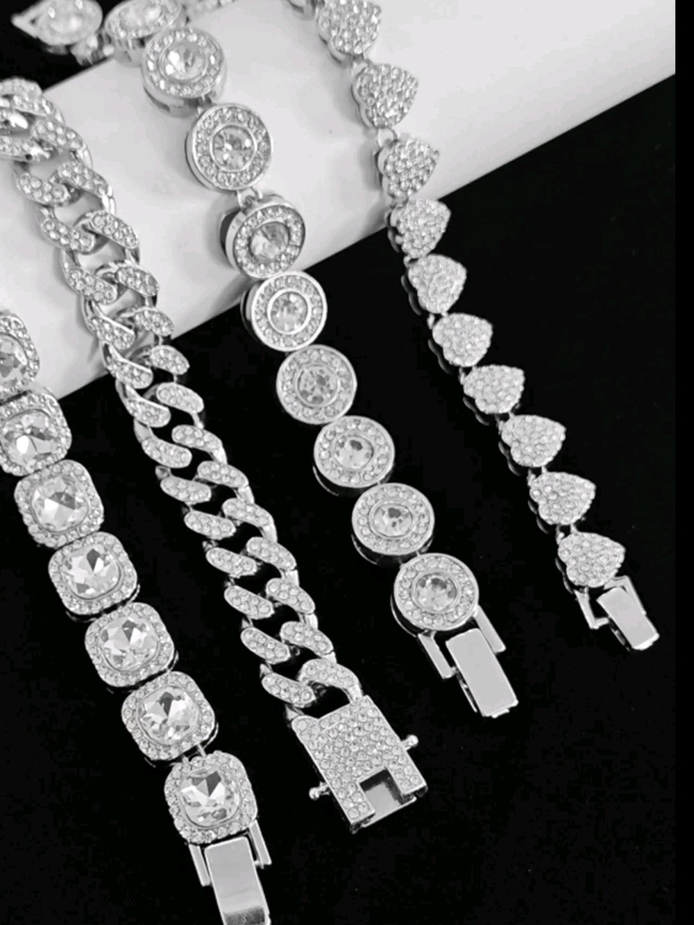4pc Iced Out Silver Rhinestone Bracelet Stack Set - Picture 2 of 3